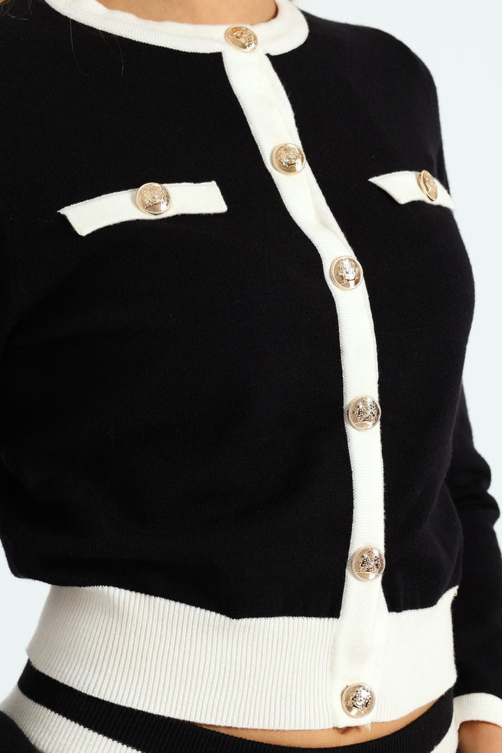 Basic Contrasted Knit Cardigan - Black