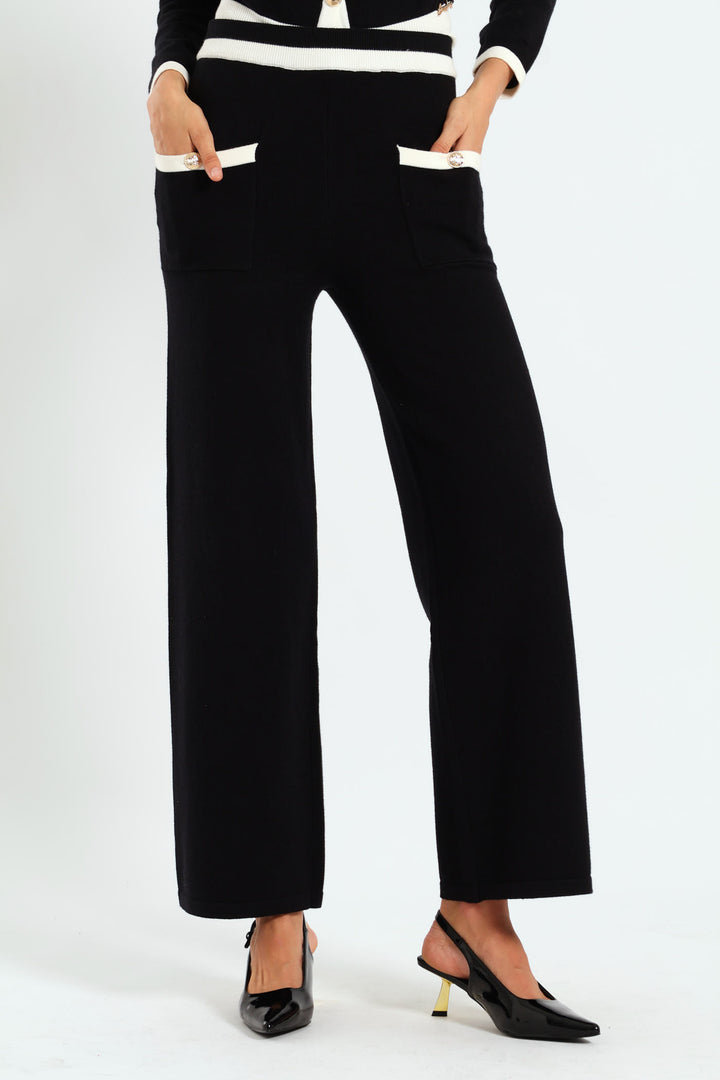 Contrasted Wide-Leg Knit Pants - Black