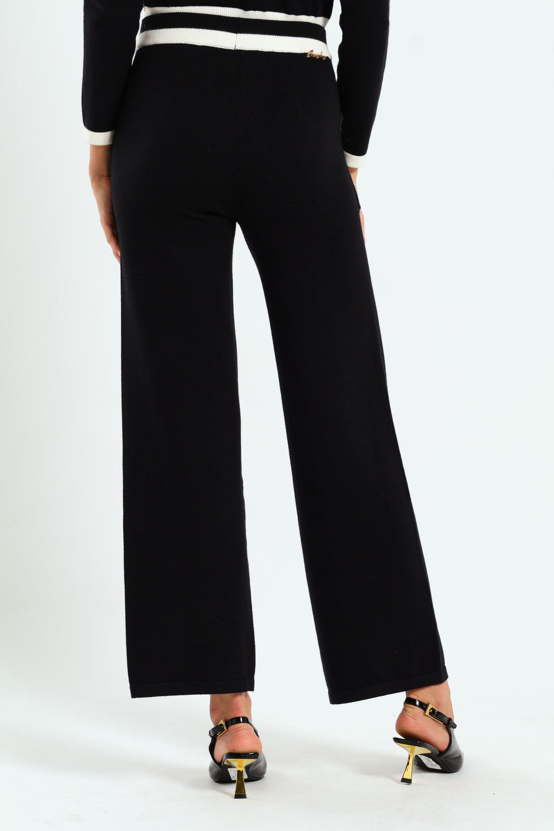 Contrasted Wide-Leg Knit Pants - Black