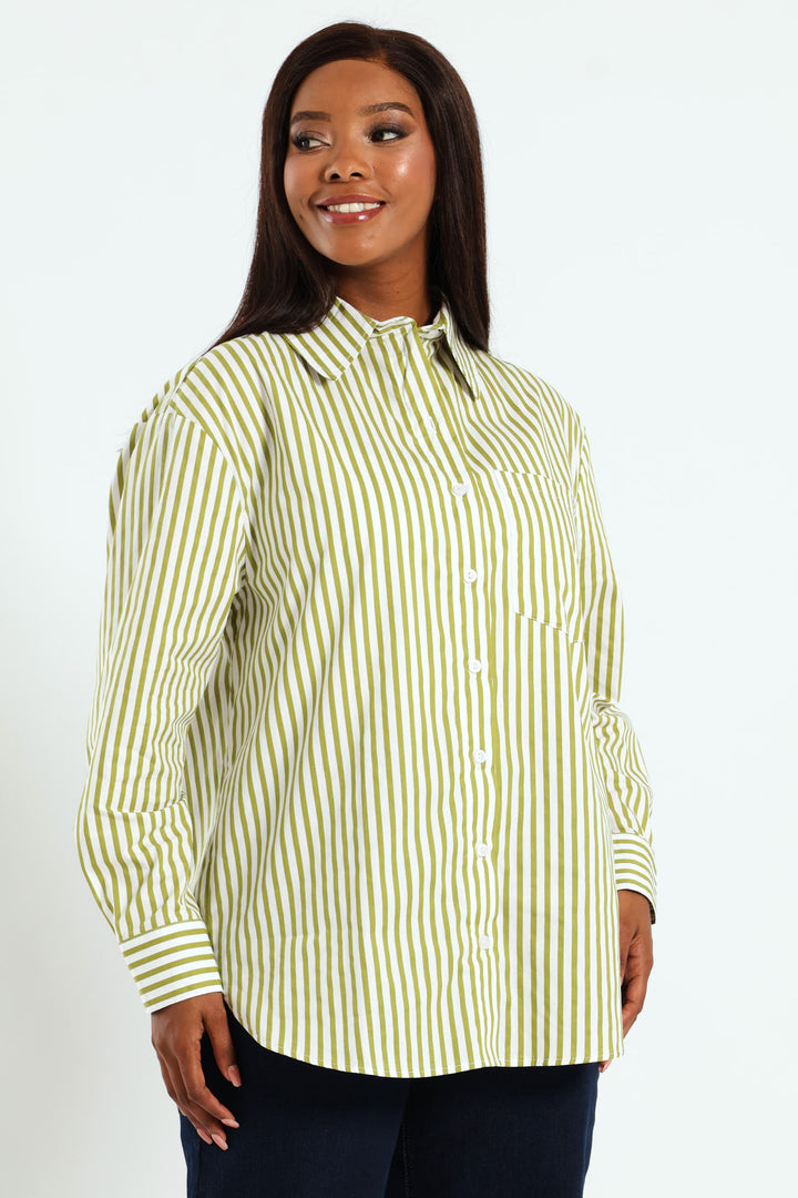 Oversized Stripe Poplin Shirt - Chartreuse/White