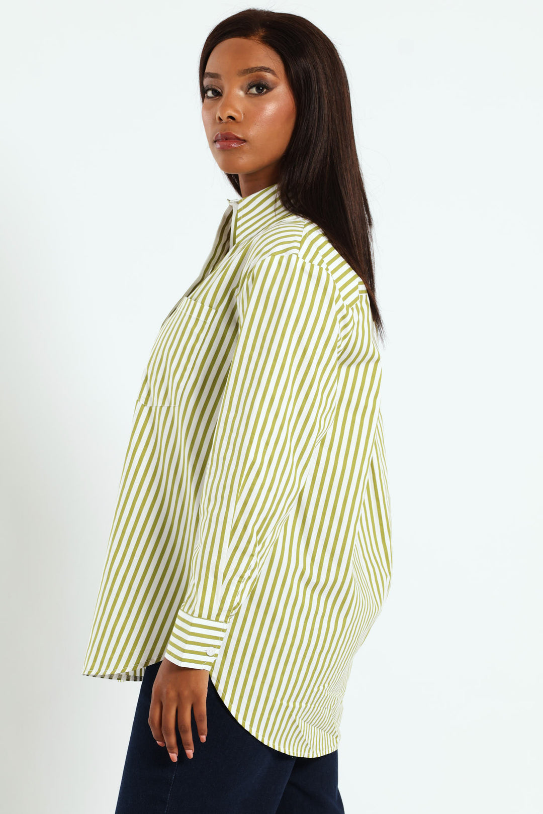 Oversized Stripe Poplin Shirt - Chartreuse/White