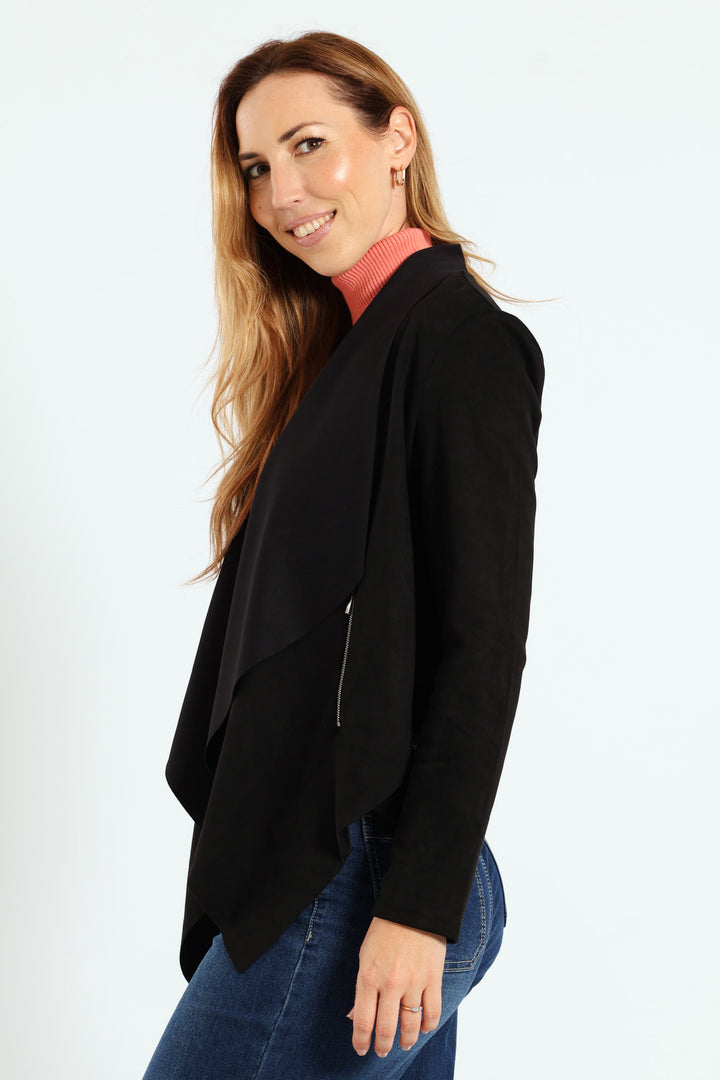 Long Sleeve Suede Waterfall Jacket With Zip Detail - Black