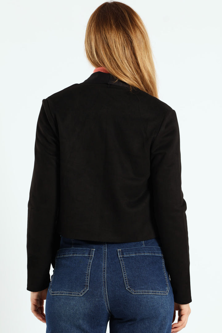 Long Sleeve Suede Waterfall Jacket With Zip Detail - Black