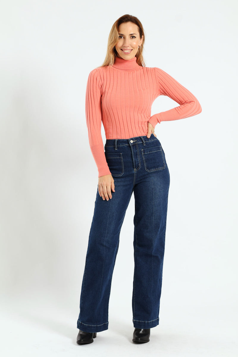 Ribbed Plain Poloneck - Coral
