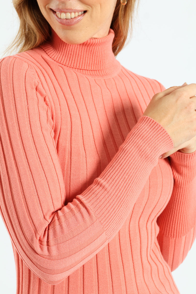 Ribbed Plain Poloneck - Coral