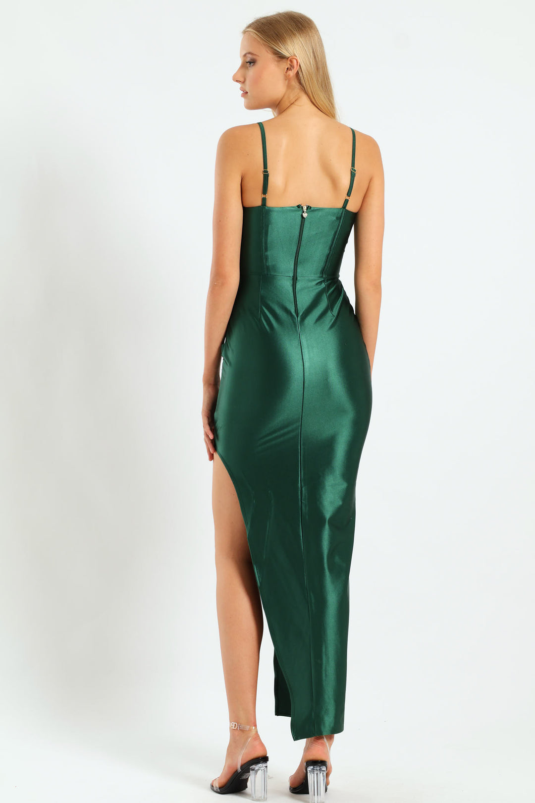 Corset Bodice & Pleated Asymmetrical Maxi Dress - Bottle Green