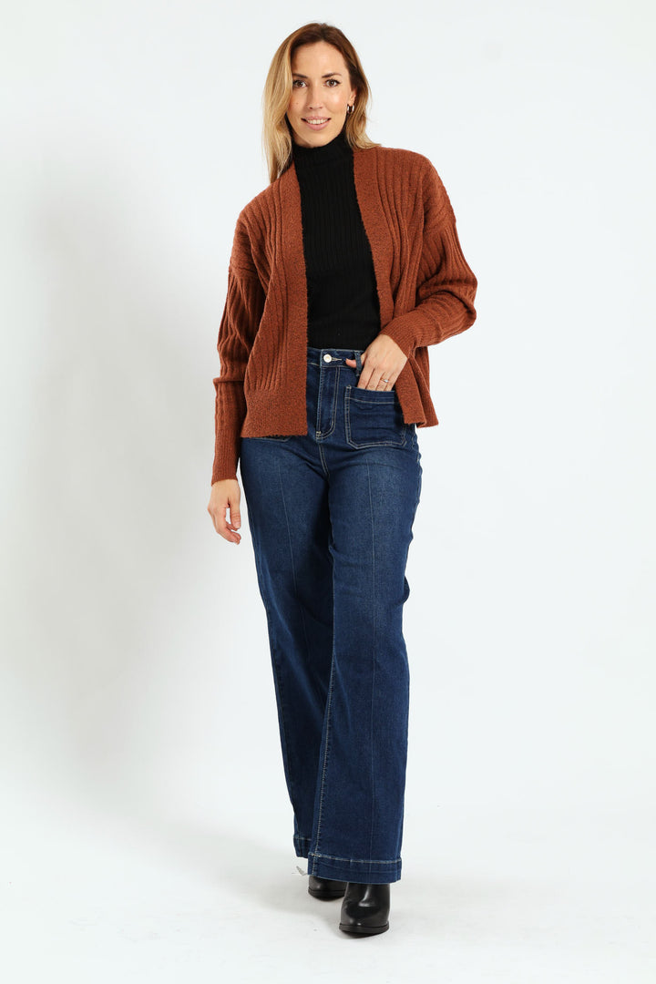 Long Sleeve Ribbed Slouchy Open Cardi - Rust