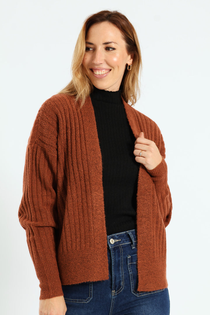 Long Sleeve Ribbed Slouchy Open Cardi - Rust