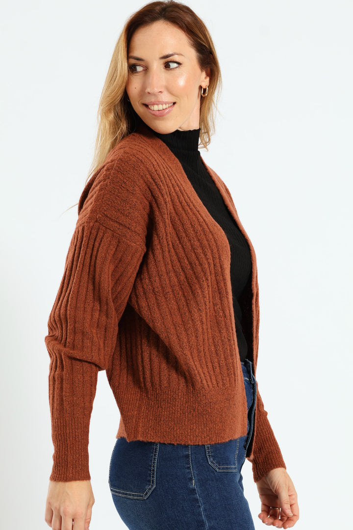 Long Sleeve Ribbed Slouchy Open Cardi - Rust