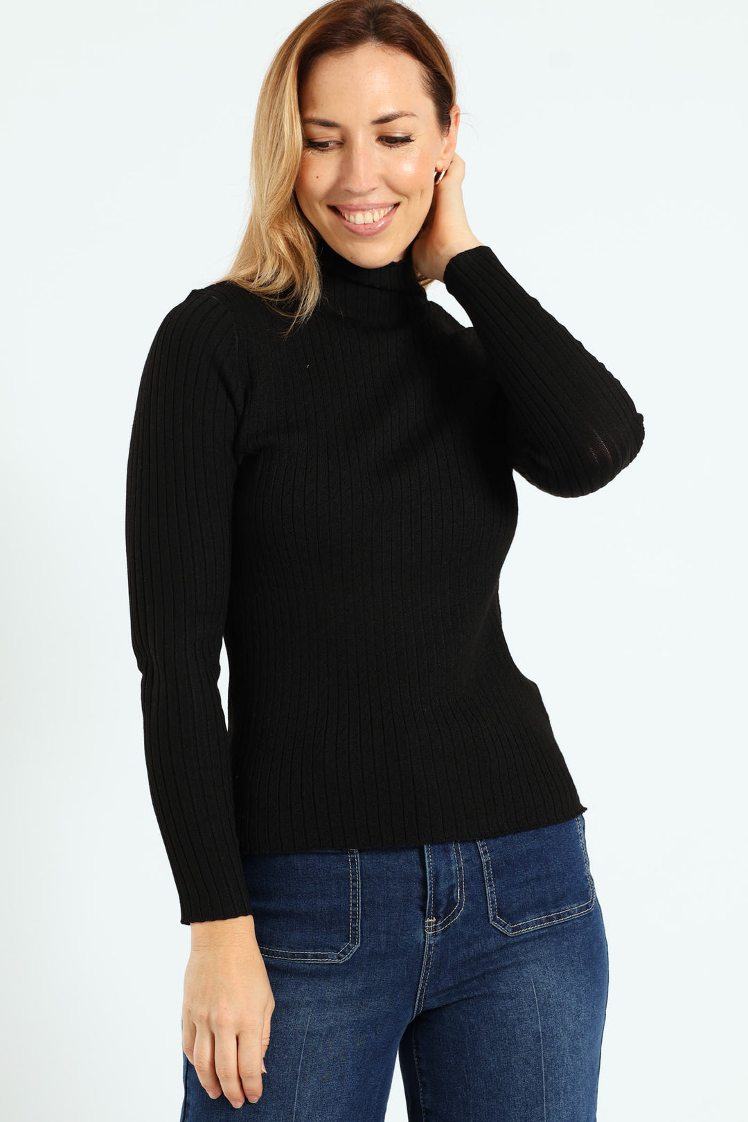 Turtleneck Pointelle Cable Stitch Pullover - Black