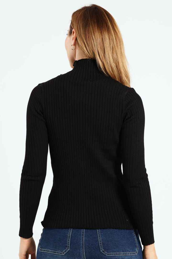 Turtleneck Pointelle Cable Stitch Pullover - Black