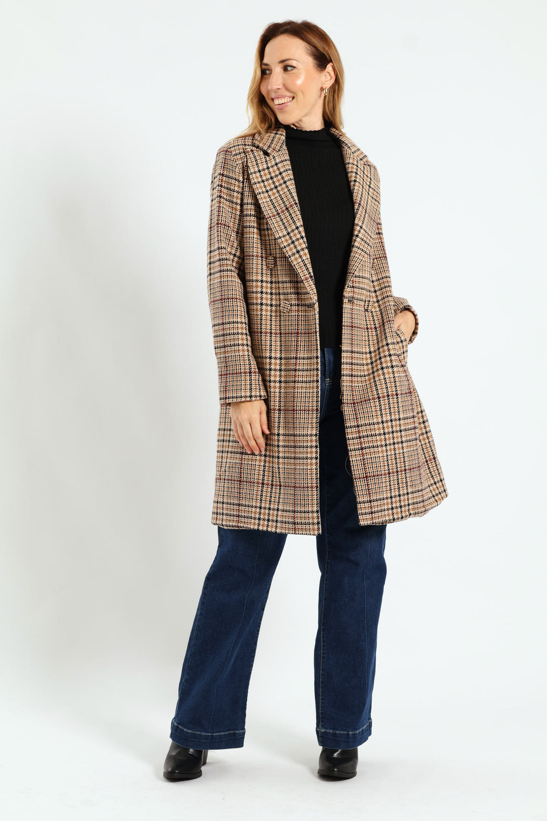 Double Breasted Tartan Check Tweed Coat - Brown