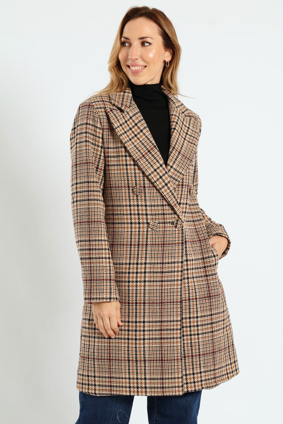 Double Breasted Tartan Check Tweed Coat - Brown
