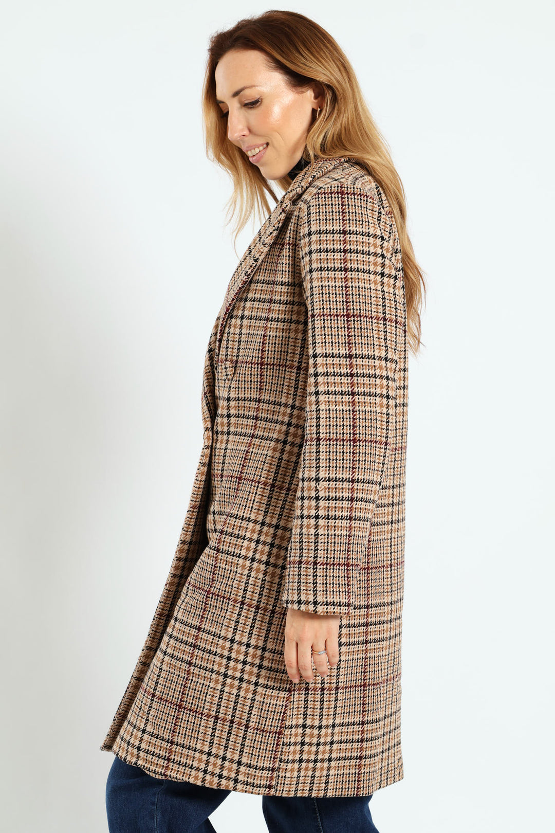 Double Breasted Tartan Check Tweed Coat - Brown