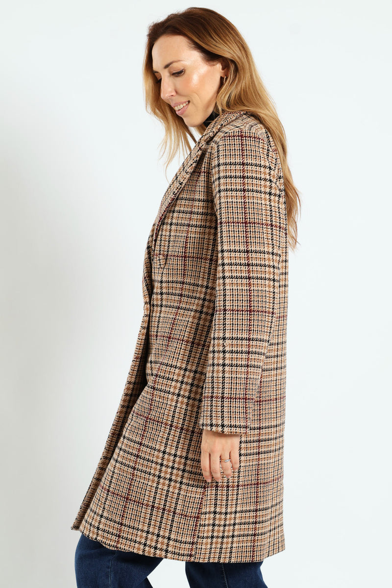 Double Breasted Tartan Check Tweed Coat - Brown