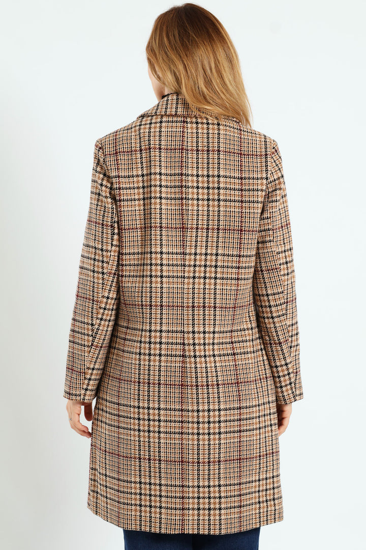 Double Breasted Tartan Check Tweed Coat - Brown