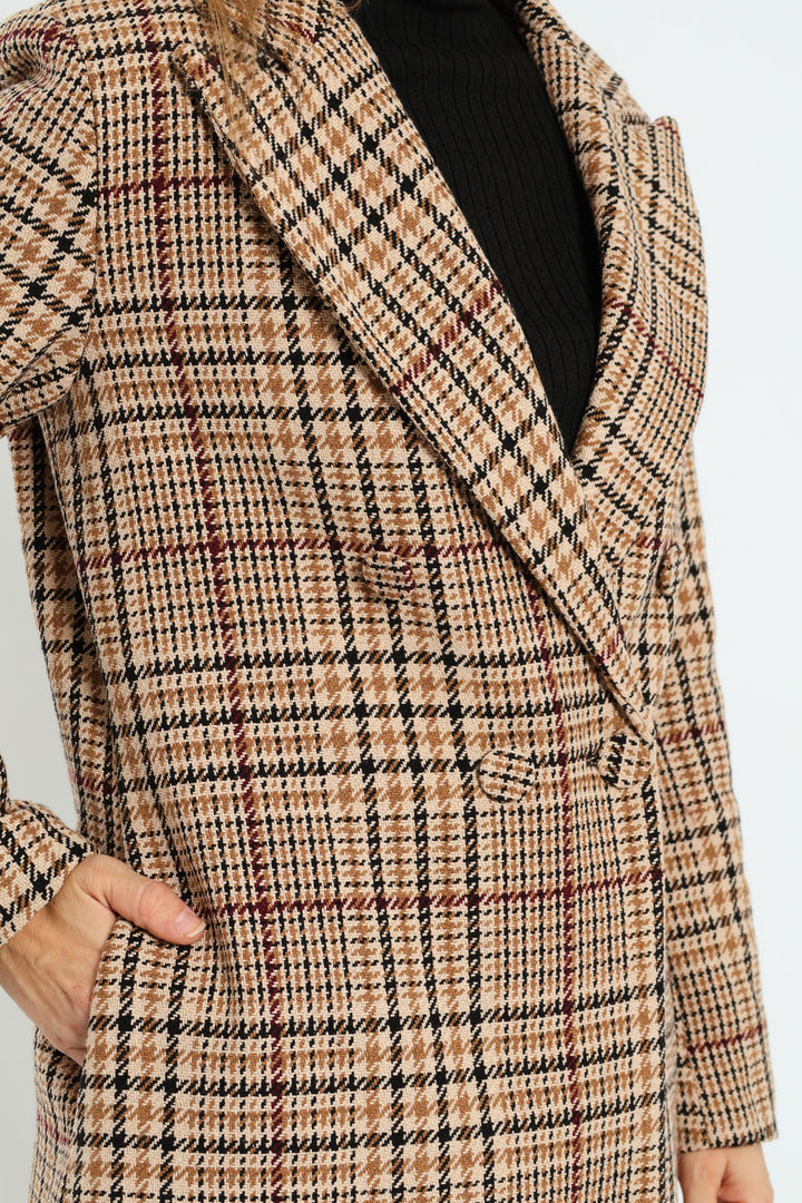Double Breasted Tartan Check Tweed Coat - Brown
