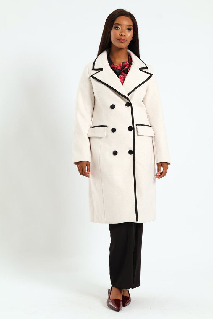 Double Constrast Tipped Melton Coat - Oatmeal