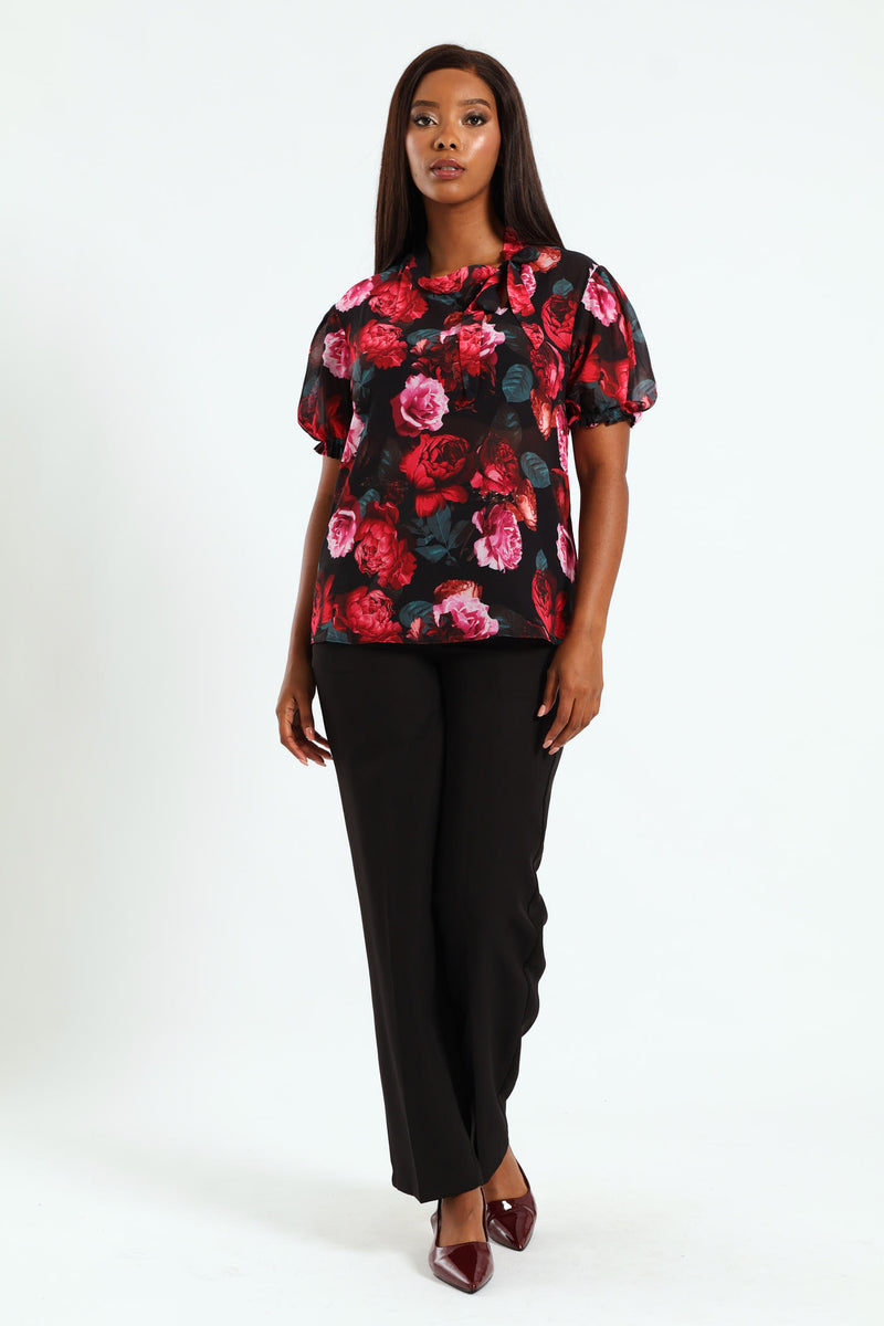 Kitty Bow Puff Sleeve Blouse - Black