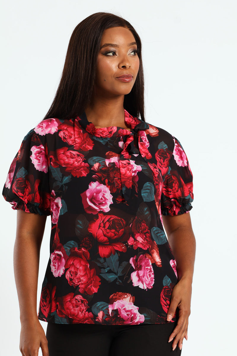 Kitty Bow Puff Sleeve Blouse - Black