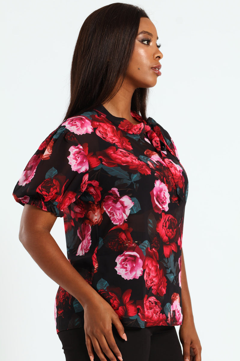 Kitty Bow Puff Sleeve Blouse - Black