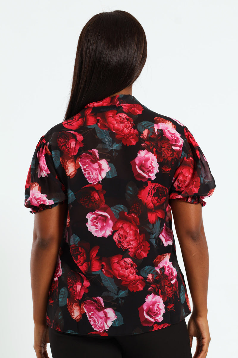 Kitty Bow Puff Sleeve Blouse - Black