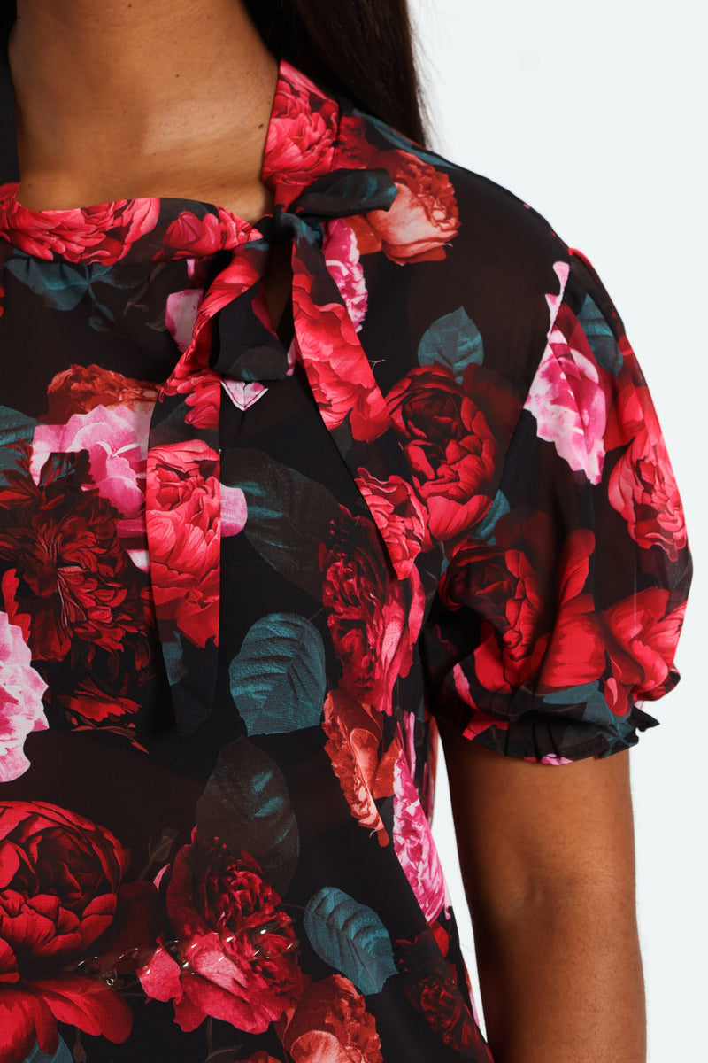 Kitty Bow Puff Sleeve Blouse - Black