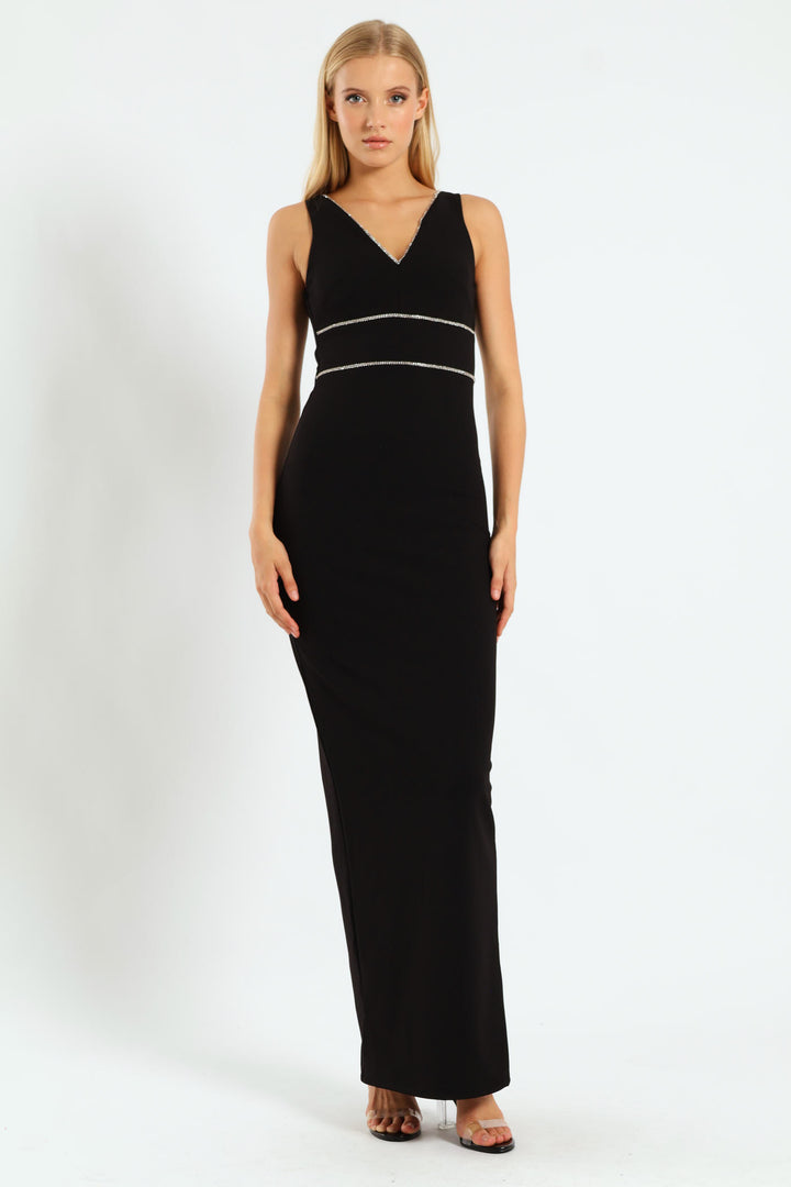 Ladies V-Neck Maxi Dress With Trim - Black – Edgars