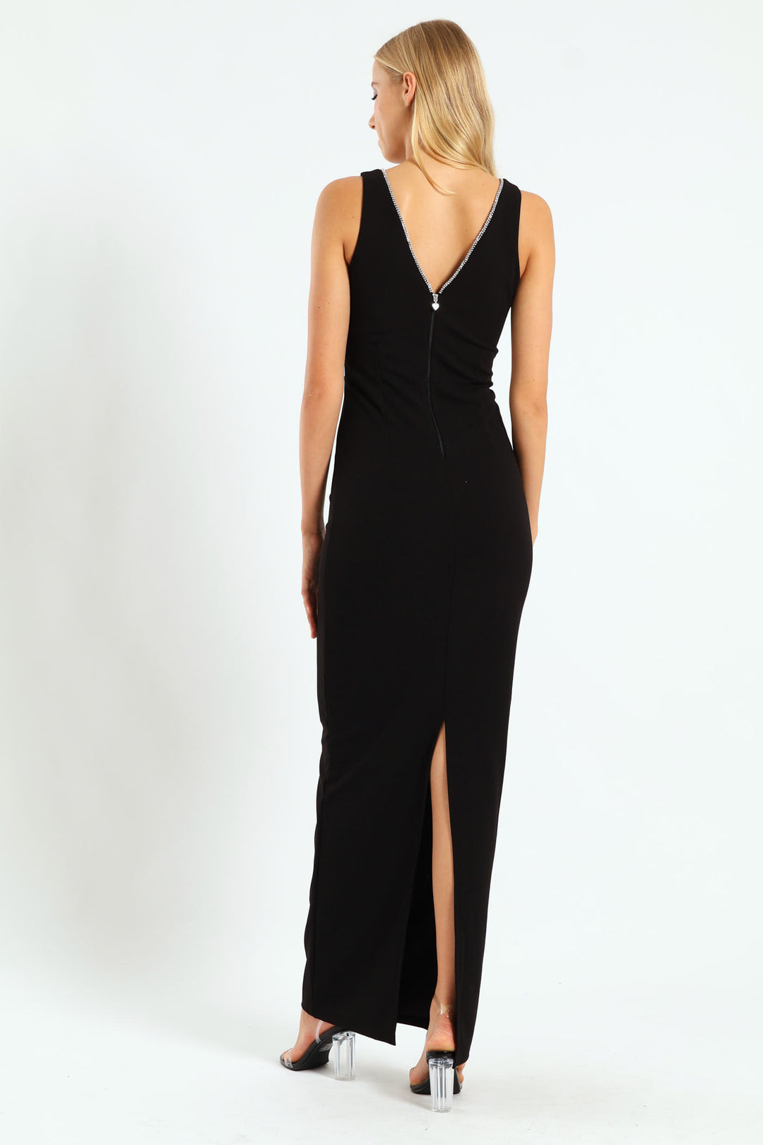 V-Neck Maxi Dress With Trim - Black