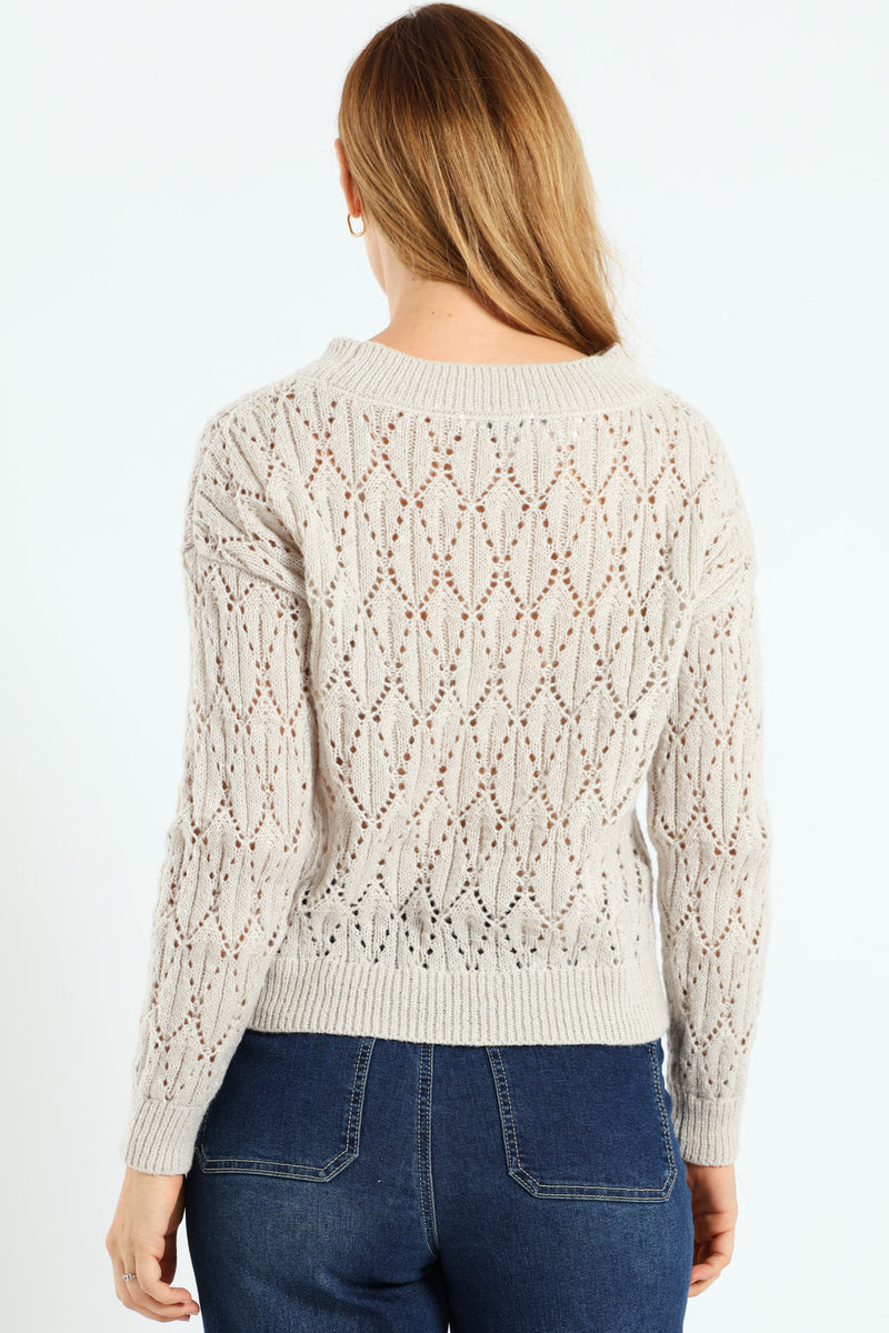 Lurex Pointelle Pullover - Grey Melange