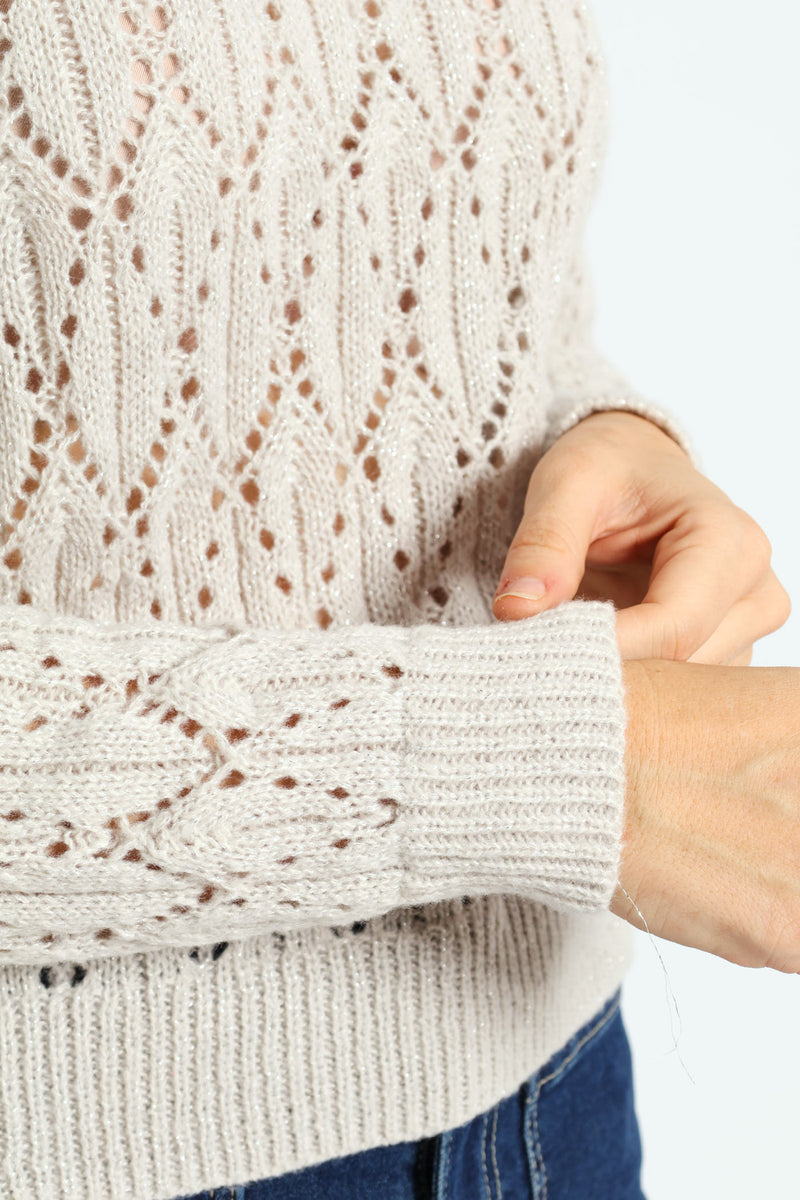 Lurex Pointelle Pullover - Grey Melange