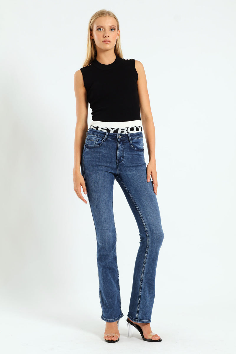 Mid Waist Bootleg With Wings On Pockets - Mid Blue