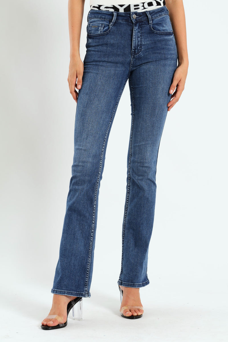 Mid Waist Bootleg With Wings On Pockets - Mid Blue