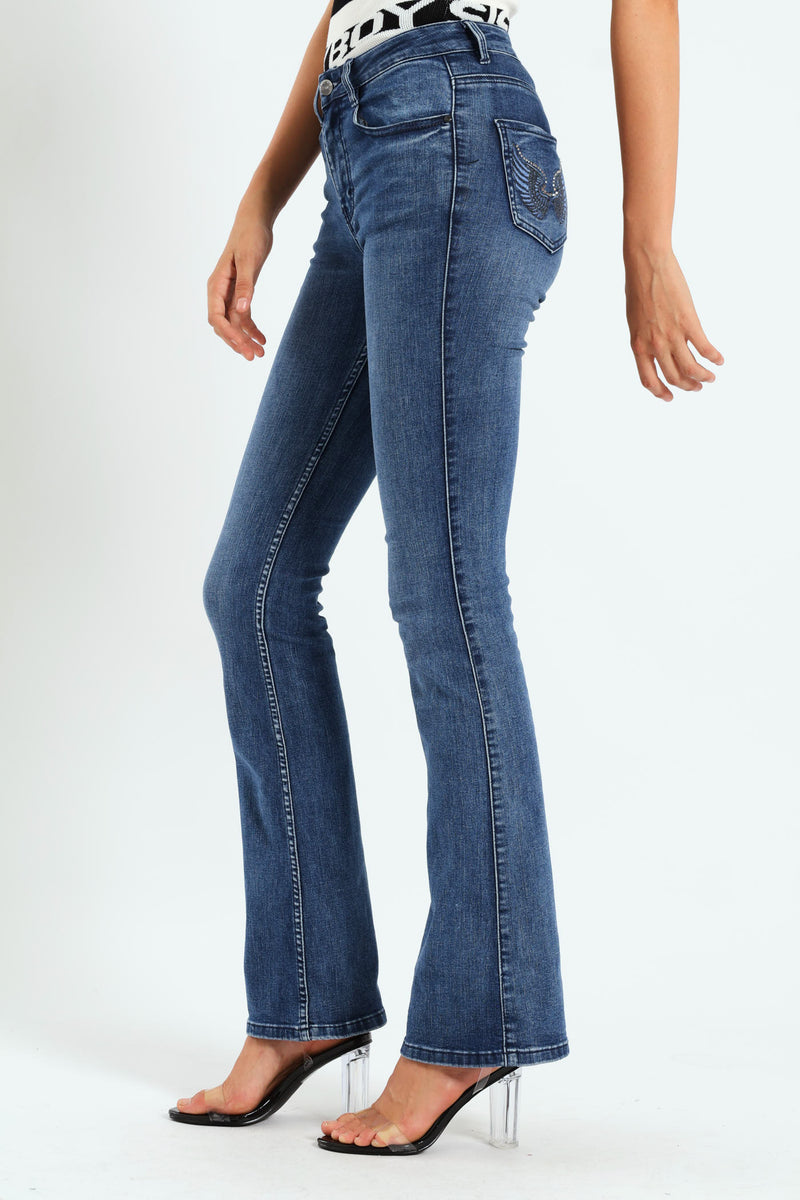 Mid Waist Bootleg With Wings On Pockets - Mid Blue