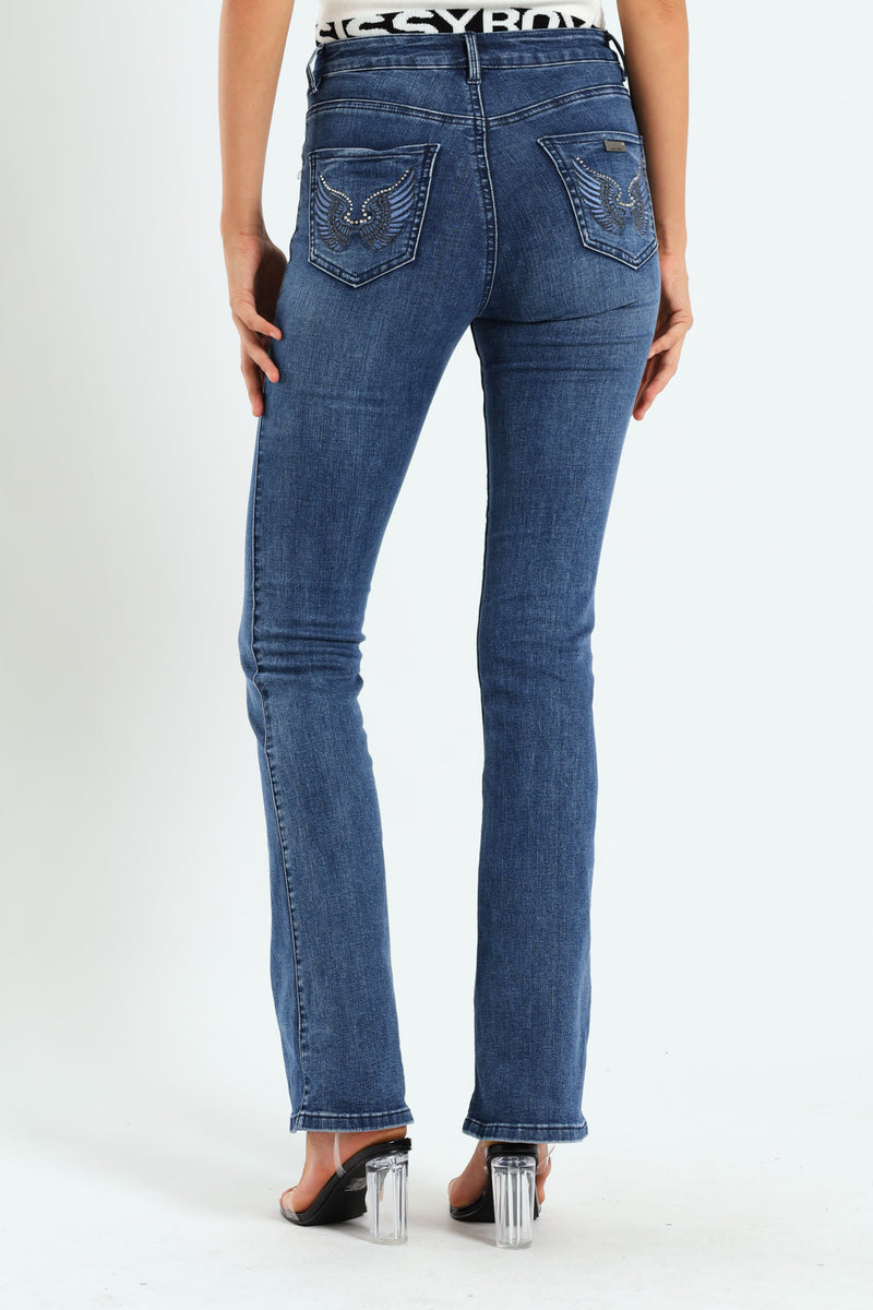 Mid Waist Bootleg With Wings On Pockets - Mid Blue
