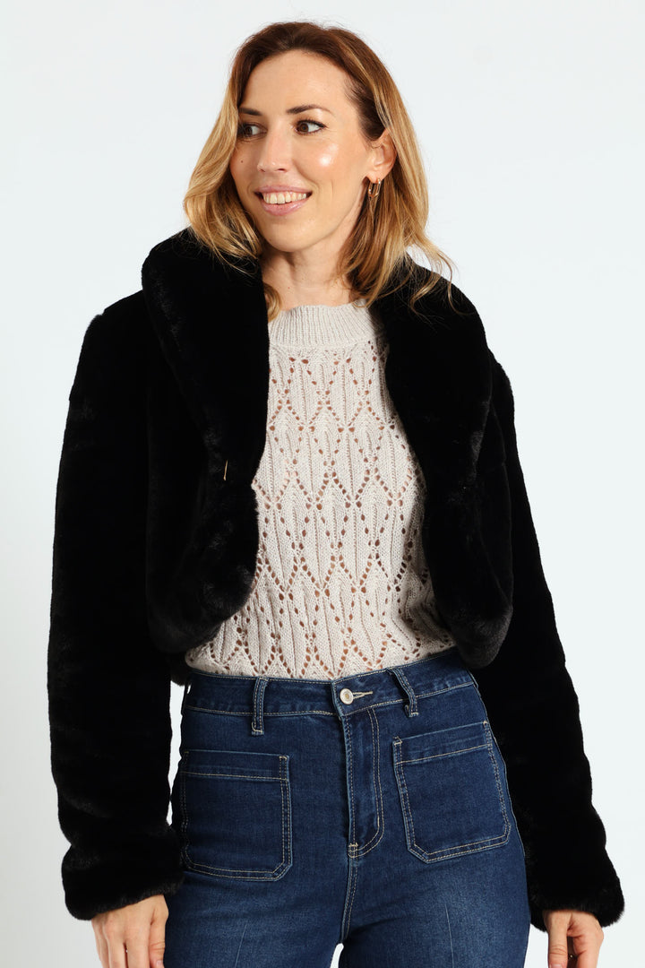 Shawl Collar Fur Coat - Black