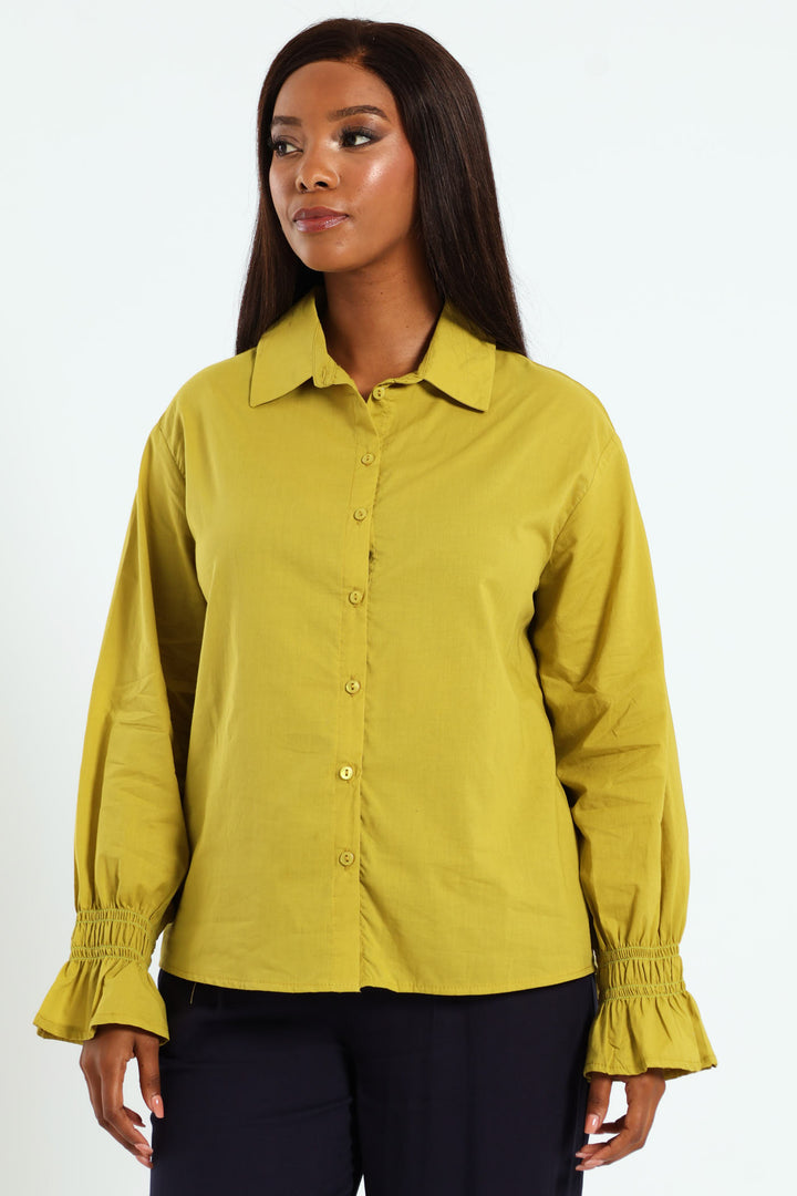 Long Sleeve Shirred Cuff Voile Shirt - Chartreuse