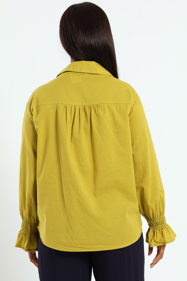Long Sleeve Shirred Cuff Voile Shirt - Chartreuse