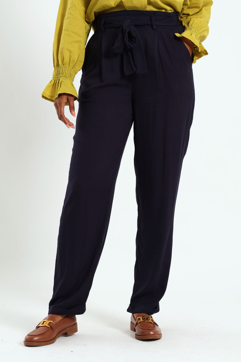 Pull On Self Tie Pleated Tapered Leg Pant - Navy