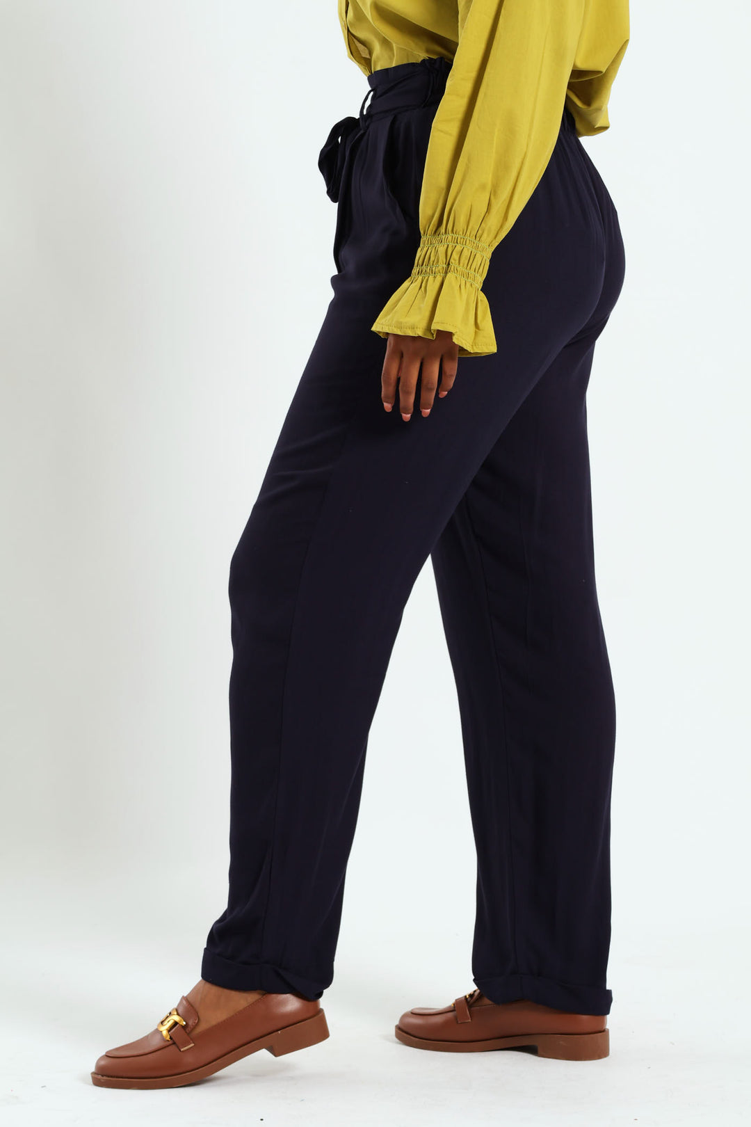 Pull On Self Tie Pleated Tapered Leg Pant - Navy