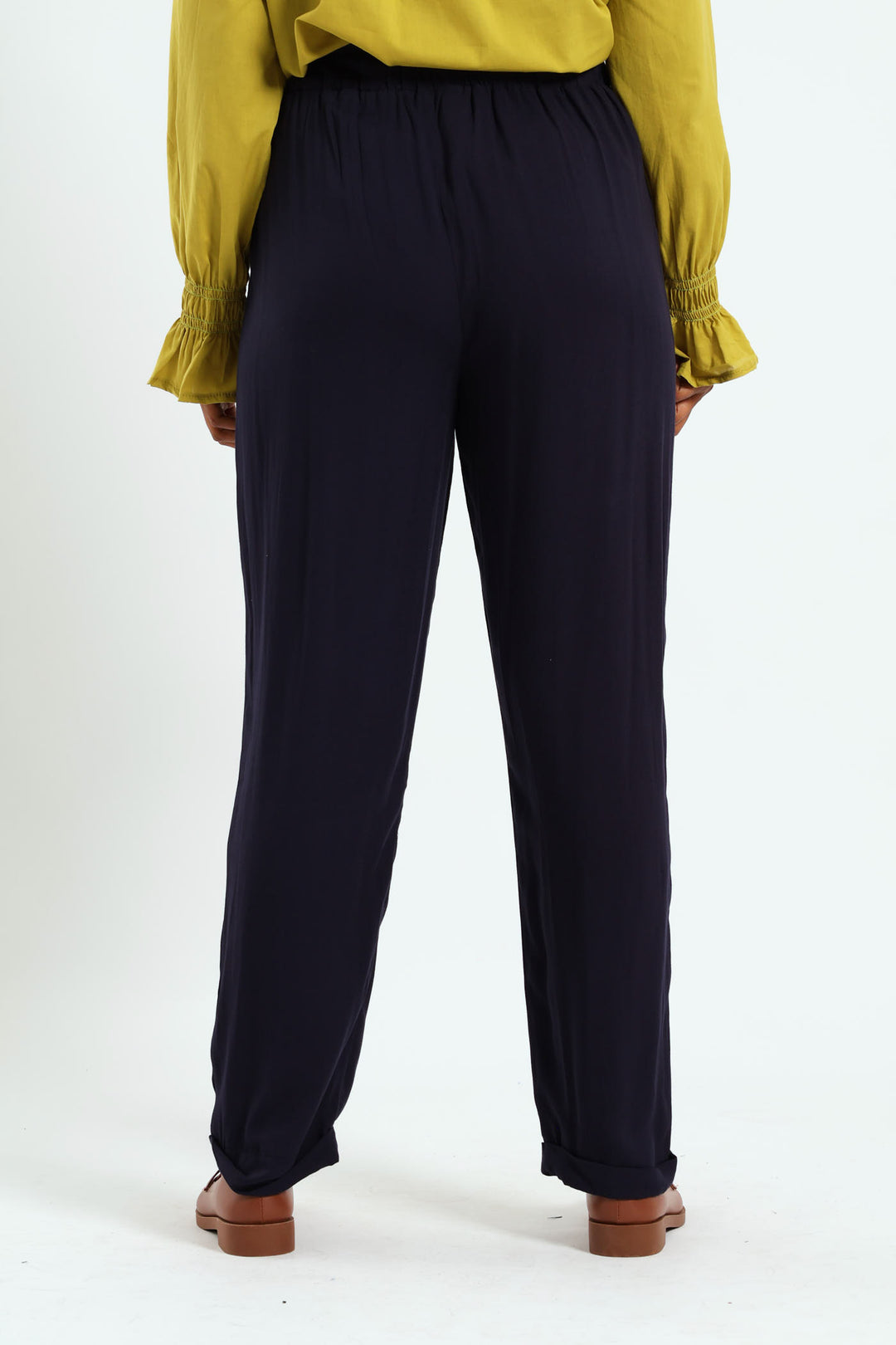 Pull On Self Tie Pleated Tapered Leg Pant - Navy