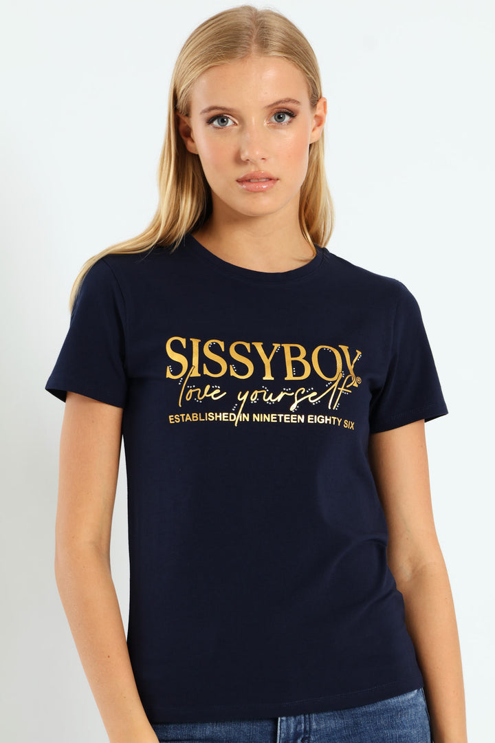Gold Foil Print Tee With Diamante Transfers - Navy