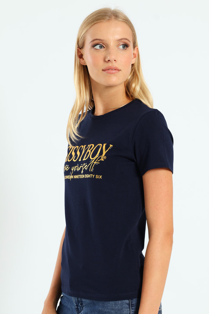 Gold Foil Print Tee With Diamante Transfers - Navy