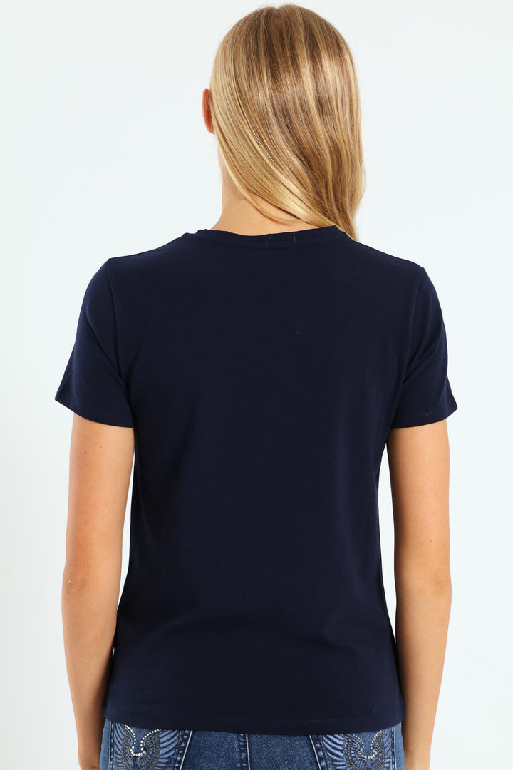 Gold Foil Print Tee With Diamante Transfers - Navy
