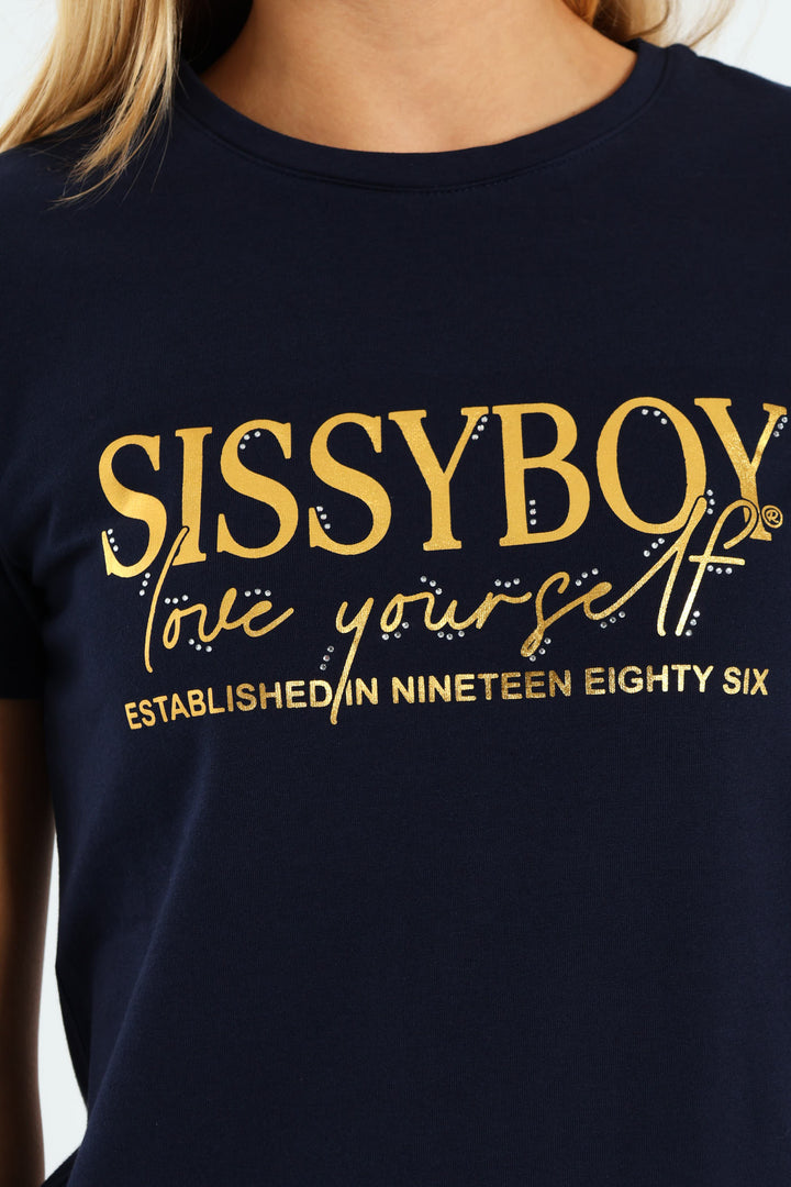 Gold Foil Print Tee With Diamante Transfers - Navy