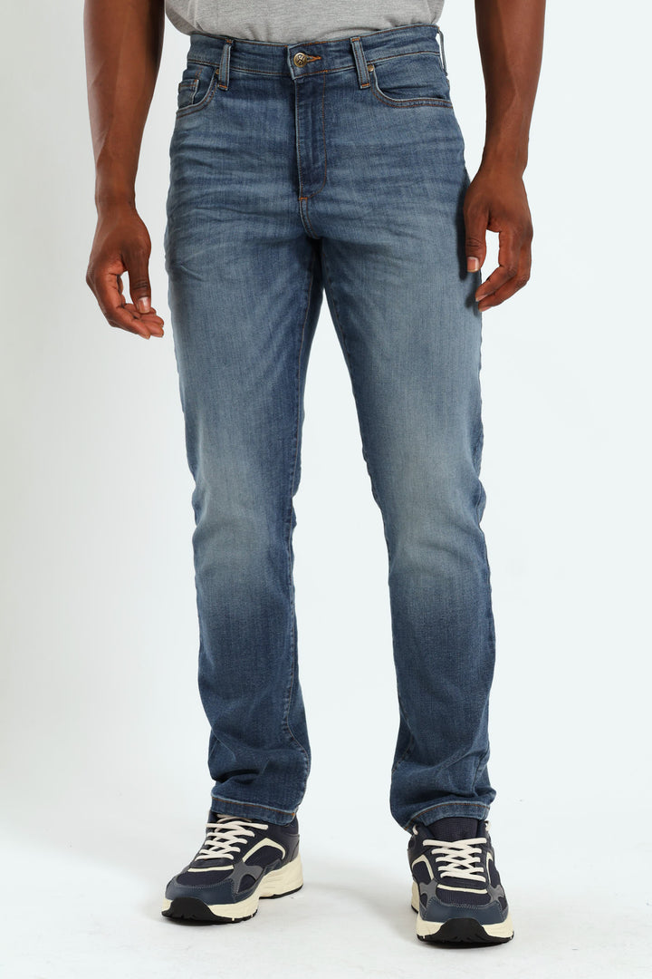 Mid Tint Blasted & Creased Slim Denim - Mid Blue