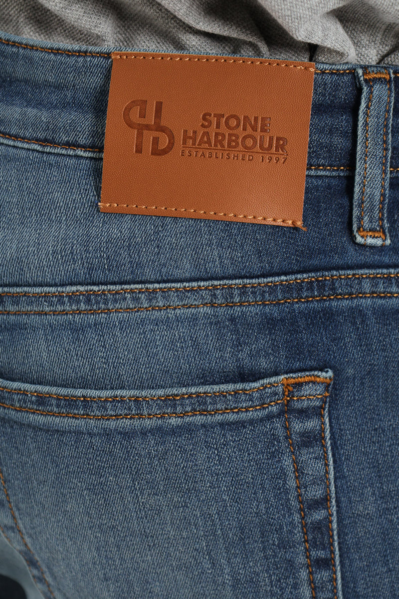 Mid Tint Blasted & Creased Slim Denim - Mid Blue