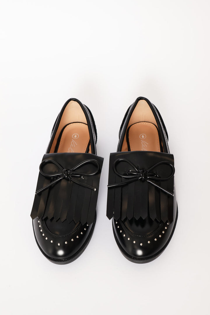 Piped Bow & Tassle Loafer - Black