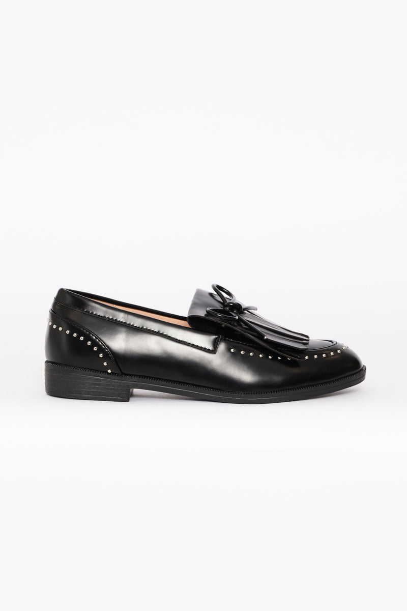 Piped Bow & Tassle Loafer - Black