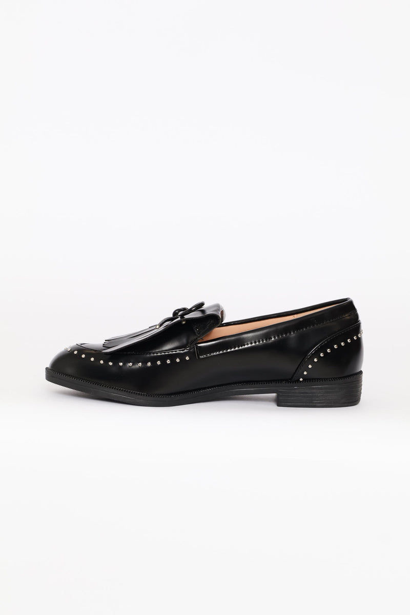 Piped Bow & Tassle Loafer - Black